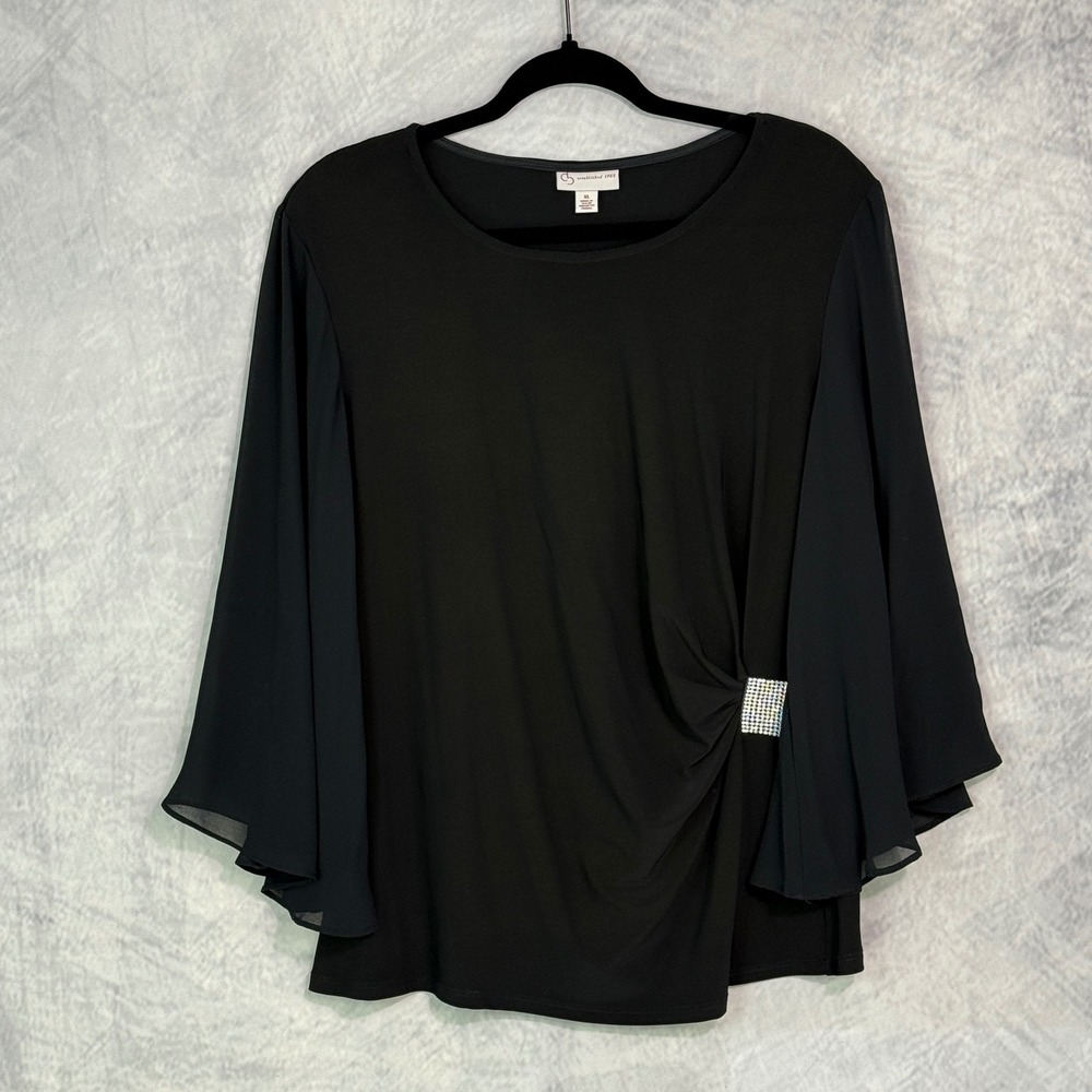 Whimsigoth Black Blouse top sz XL‎ Chiffon Bell Sleeve Rhinestones witchy Glam
